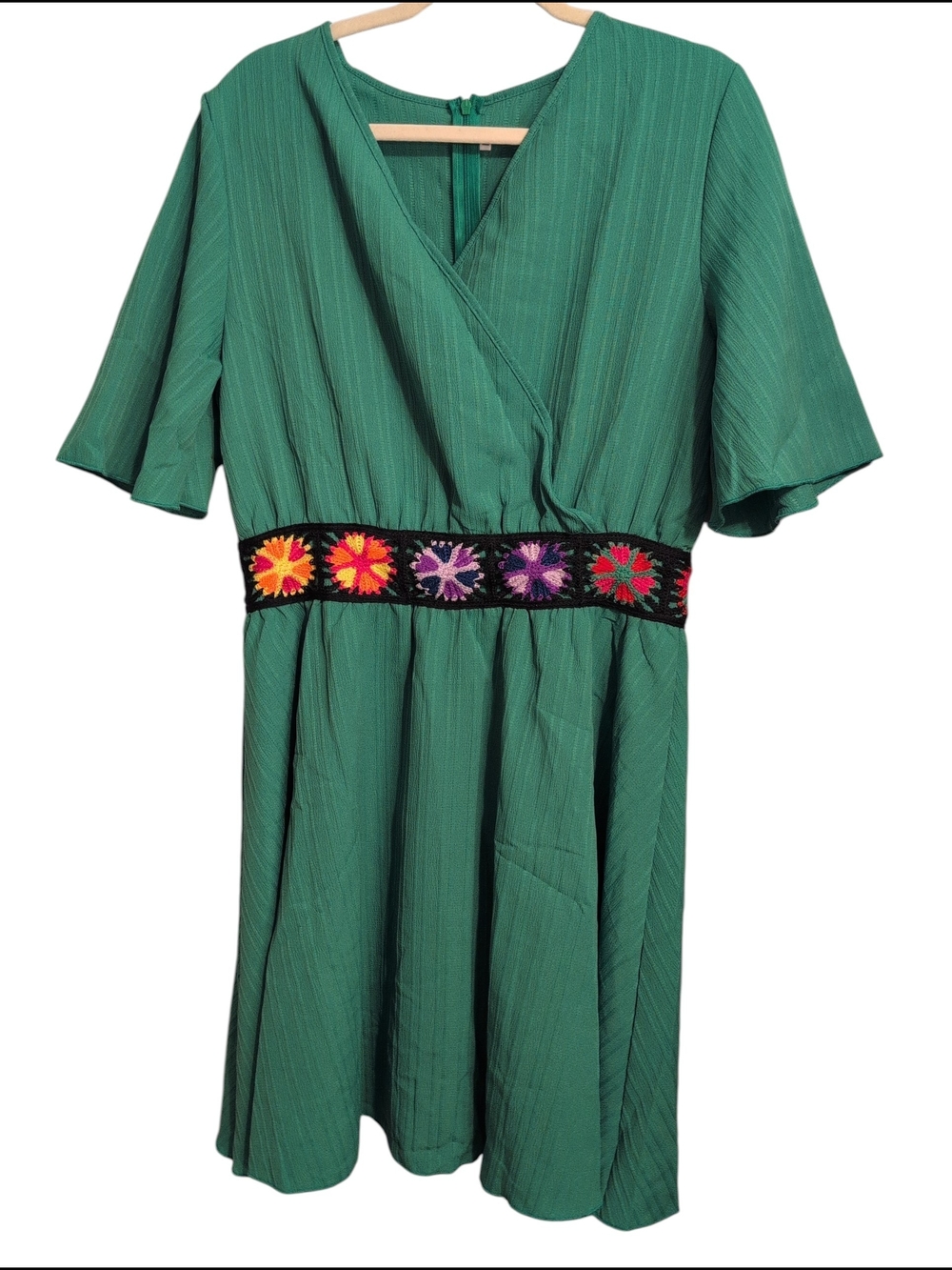 Green Dress Embroidered Waist crochet Gypsy Travel Casual Unique Medium Large